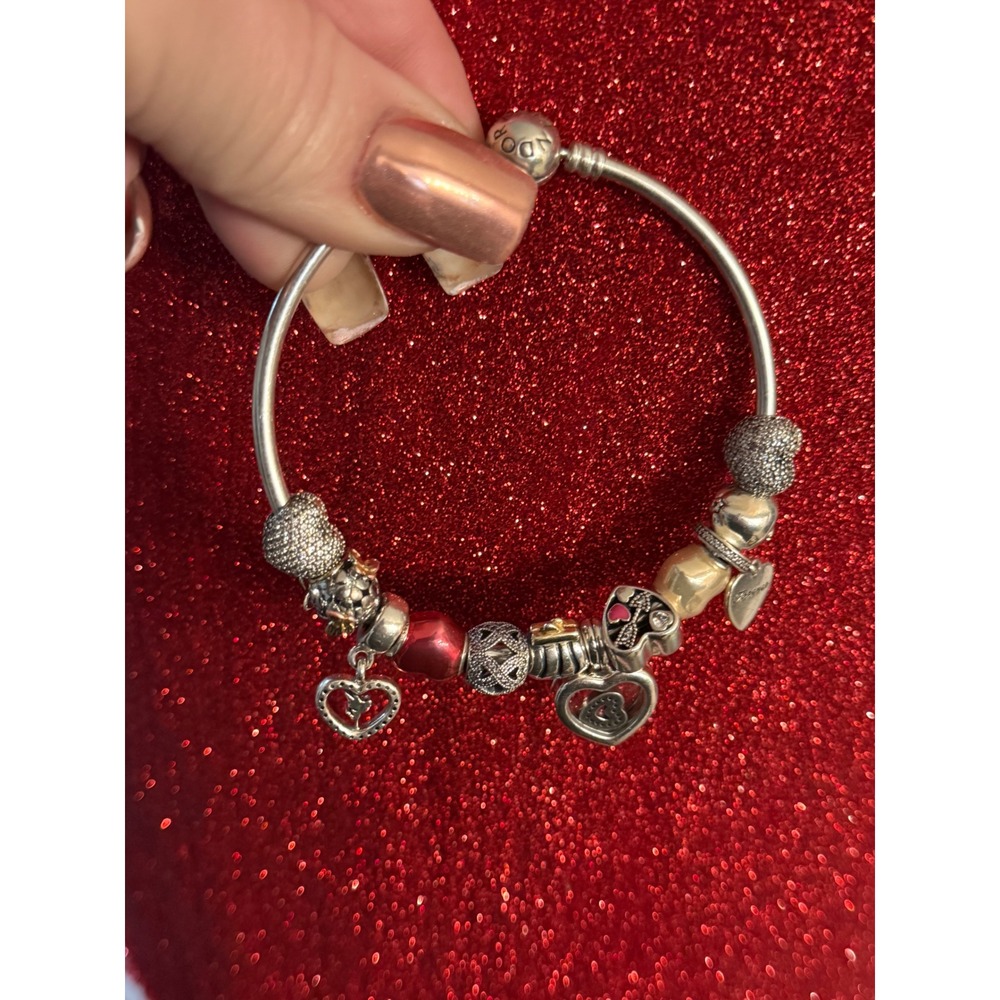 Pandora Bangle Bracelet w 12 Charms 925 ALE Sterling Silver 8 inches Authentic - Picture 3 of 9